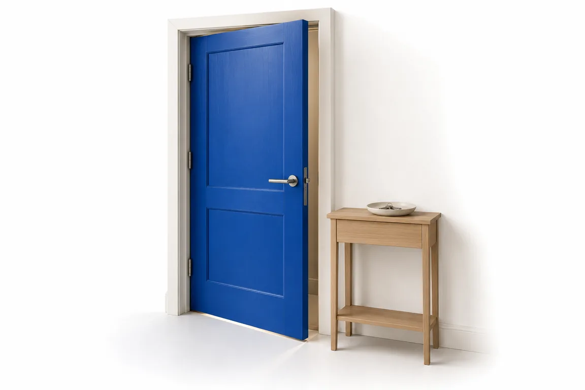 Illustration of a blue apartment door beside a small console and keys
